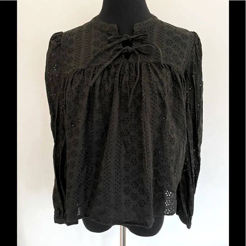 Madewell Small Eyelet Double-Tie Peasant Top Black Long Sleeve Style #K3808